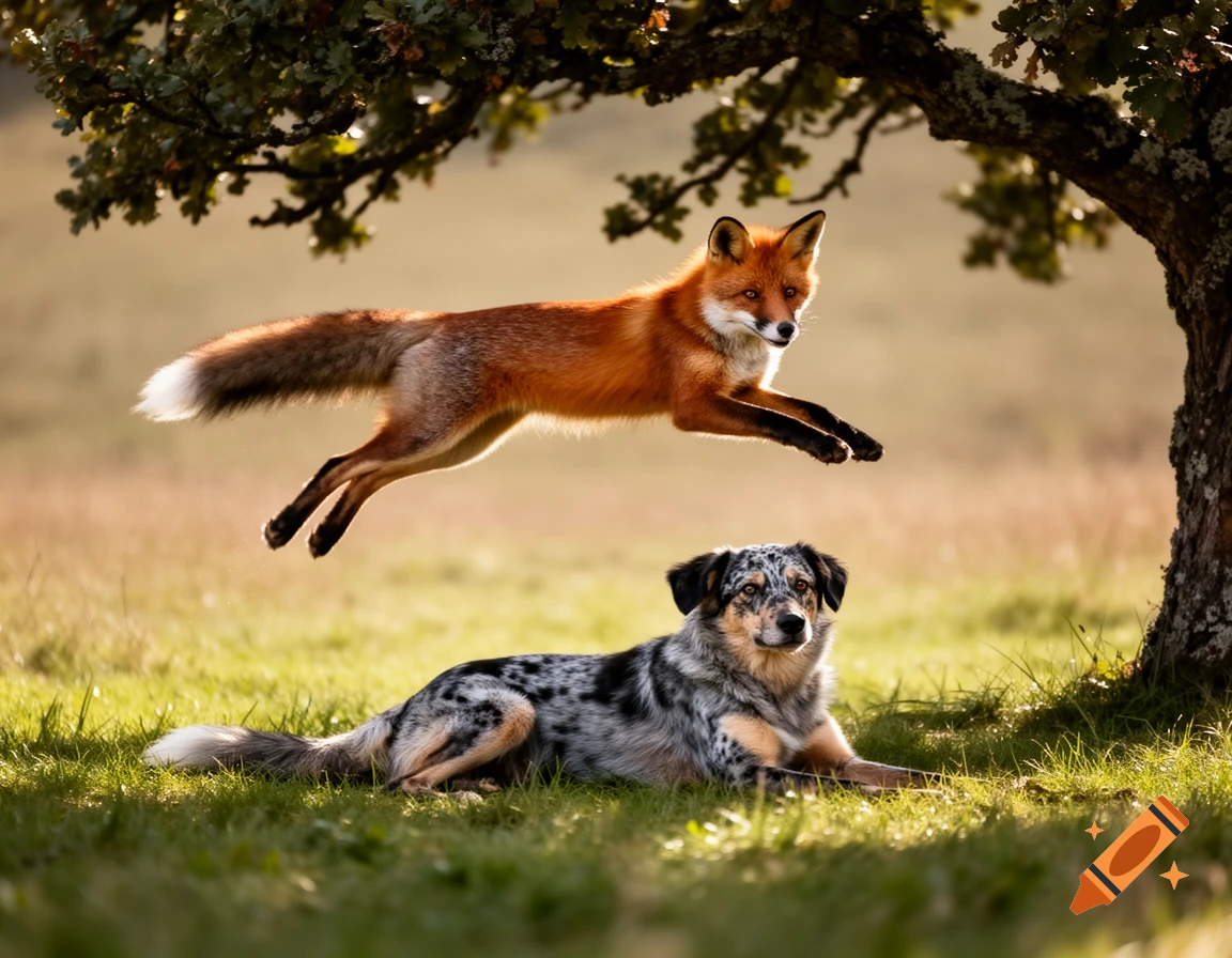 A red fox leaps over a mottled gray and black dog lying in a sunlit grassy field next to a tree.