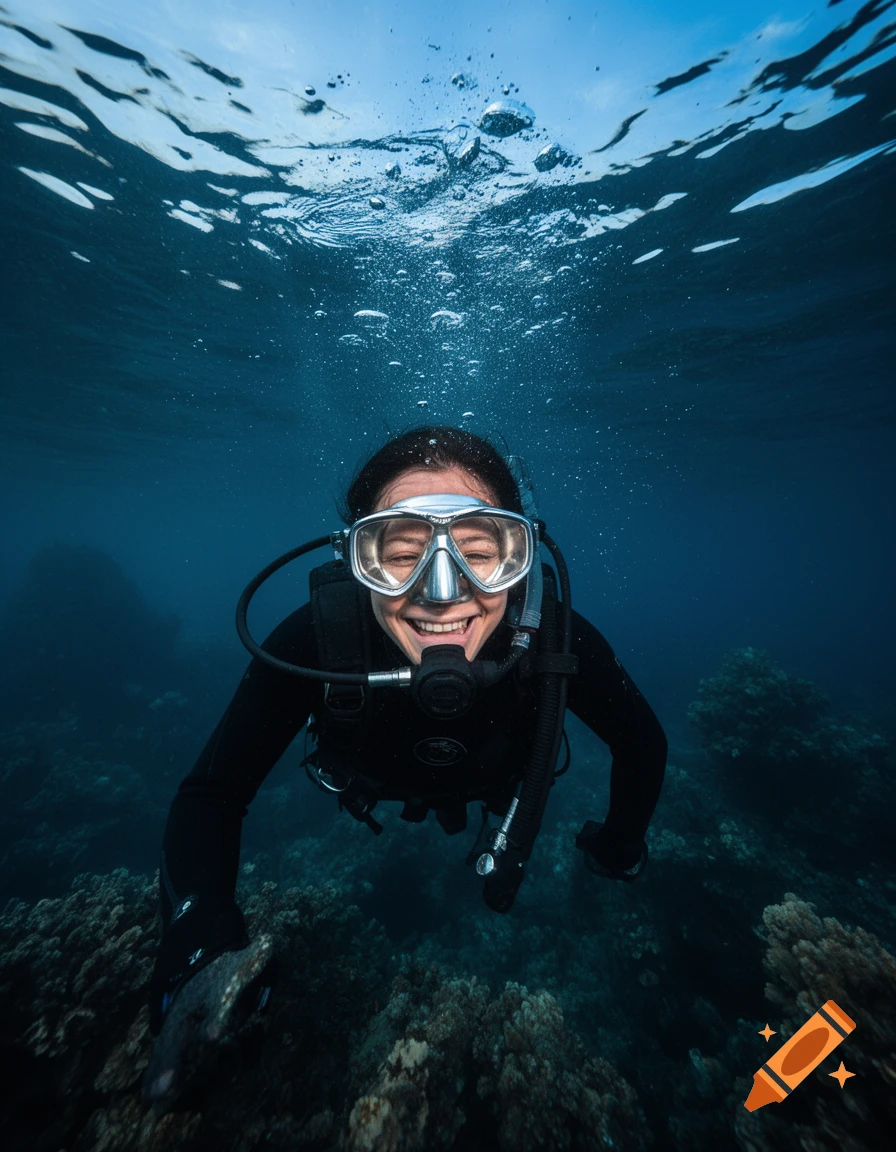 A smiling scuba diver in a silver mask looks at the camera underwater, surrounded by coral and the water surface.
