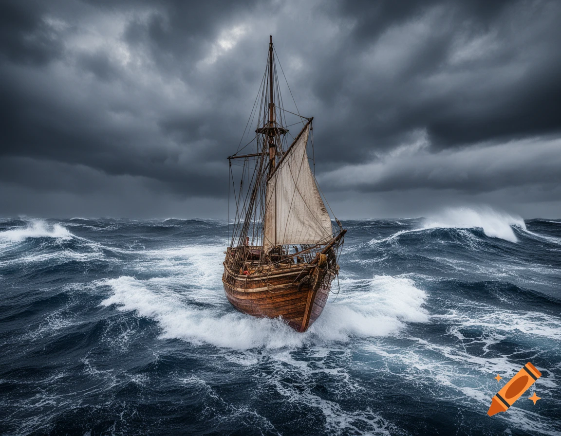 A weathered wooden sailboat with one sail unfurled navigates through a tumultuous, stormy ocean under a dark, cloudy sky.