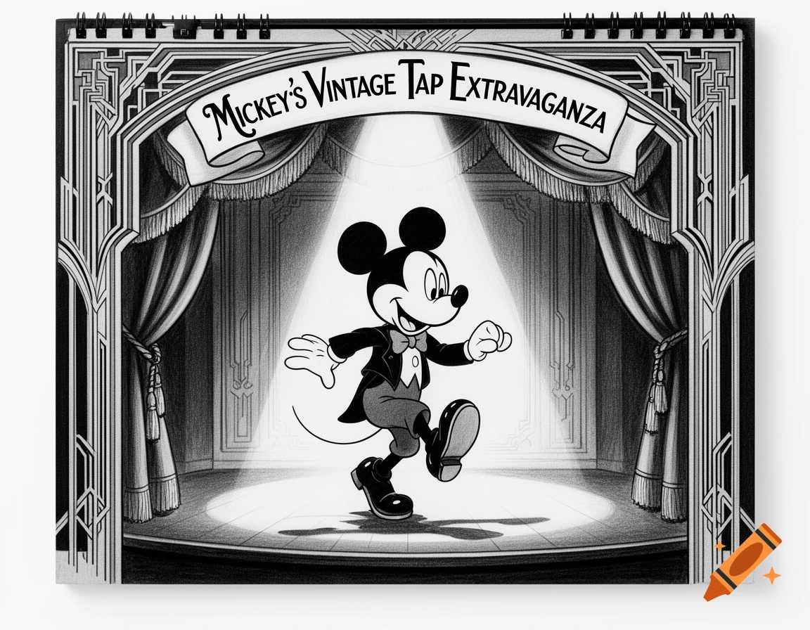 Black and white vintage Mickey Mouse tap dancing on a spotlighted stage with an 'MICKEY'S VINTAGE TAP EXTRAVAGANZA' banner.