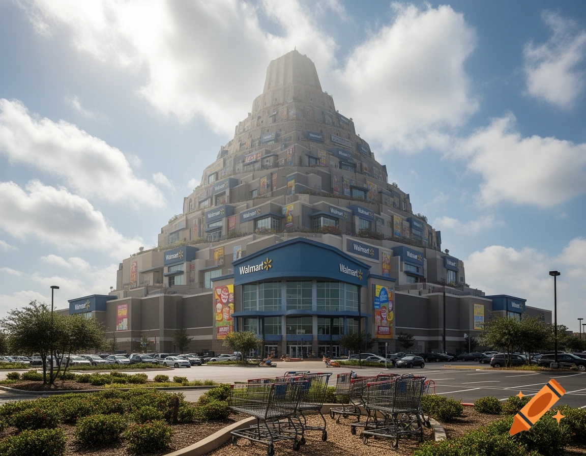 A towering, pyramid-like structure resembling the Tower of Babel, constructed from many Walmart store facades, under a bright sky with clouds. A parking lot with cars and shopping carts is in the foreground.