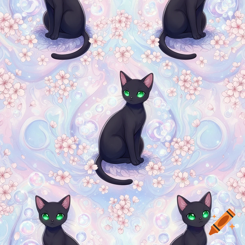 Anime-style repeating pattern of black cats with glowing green eyes, pink cherry blossoms, and iridescent bubbles on a pastel marbled background.