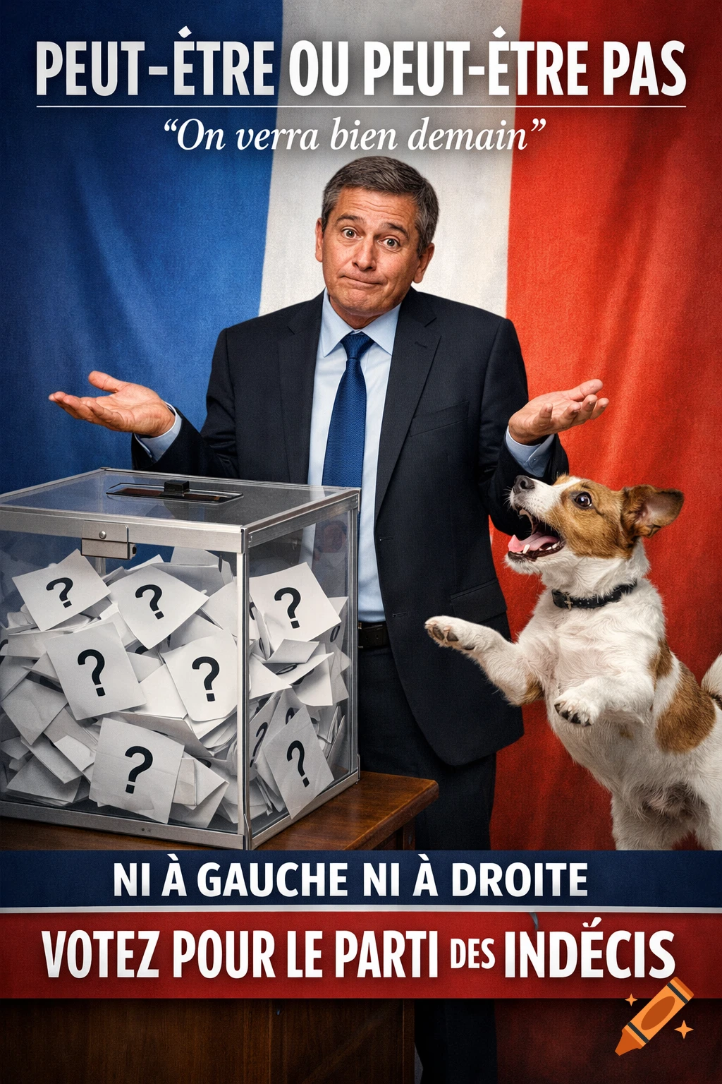 A man in a suit shrugging next to a clear ballot box full of question mark ballots, a jumping dog, and a French flag background. Text reads "Maybe or Maybe Not. We'll see tomorrow. Neither left nor right, Vote for the Party of the Undecided."