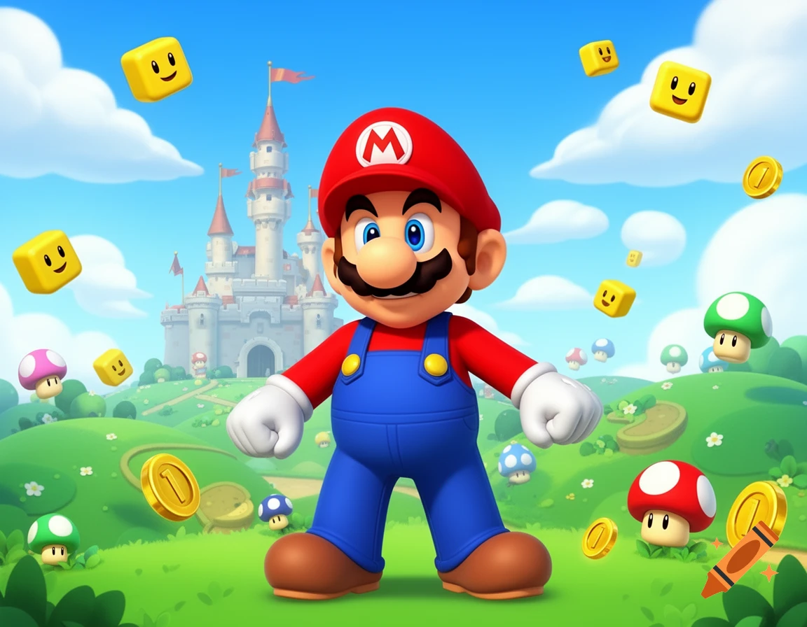 Mario stands in a vibrant green field with a castle, floating coins, question blocks, and mushrooms under a blue sky.