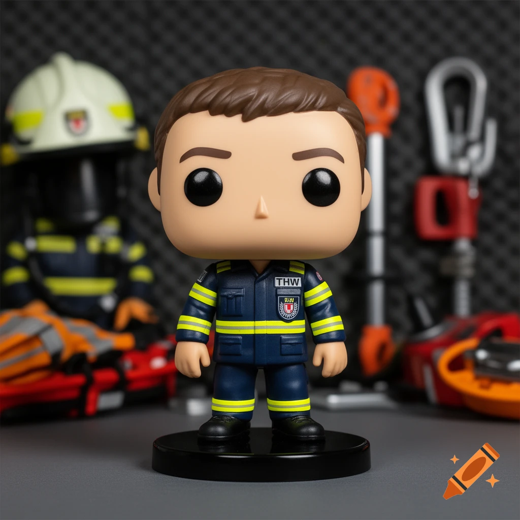 A close-up of a Funko Pop figure depicting a Technical Relief Agency (THW) rescue worker in a blue uniform with yellow stripes, standing on a black base.