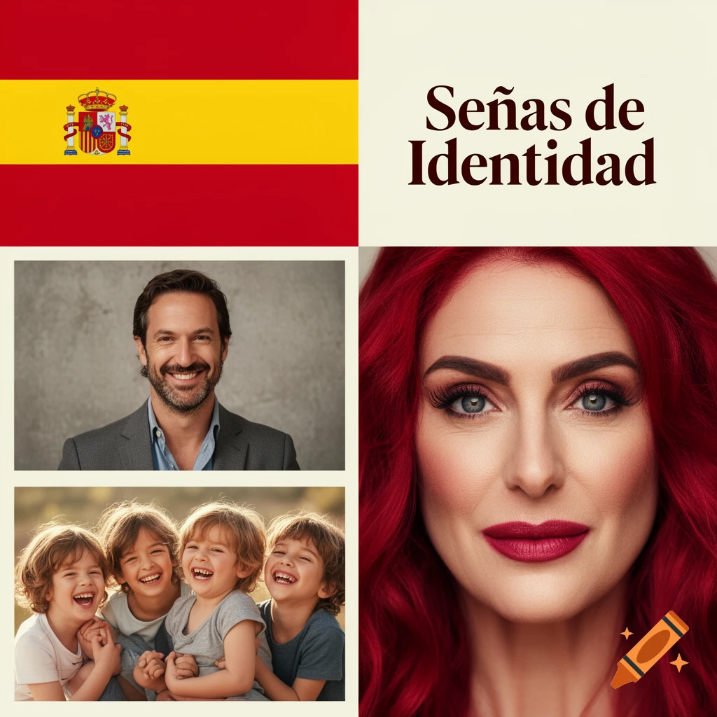 A four-panel grid showing the Spanish flag, a smiling man, four laughing children, and a woman with red hair. Text: 'Señas de Identidad'.