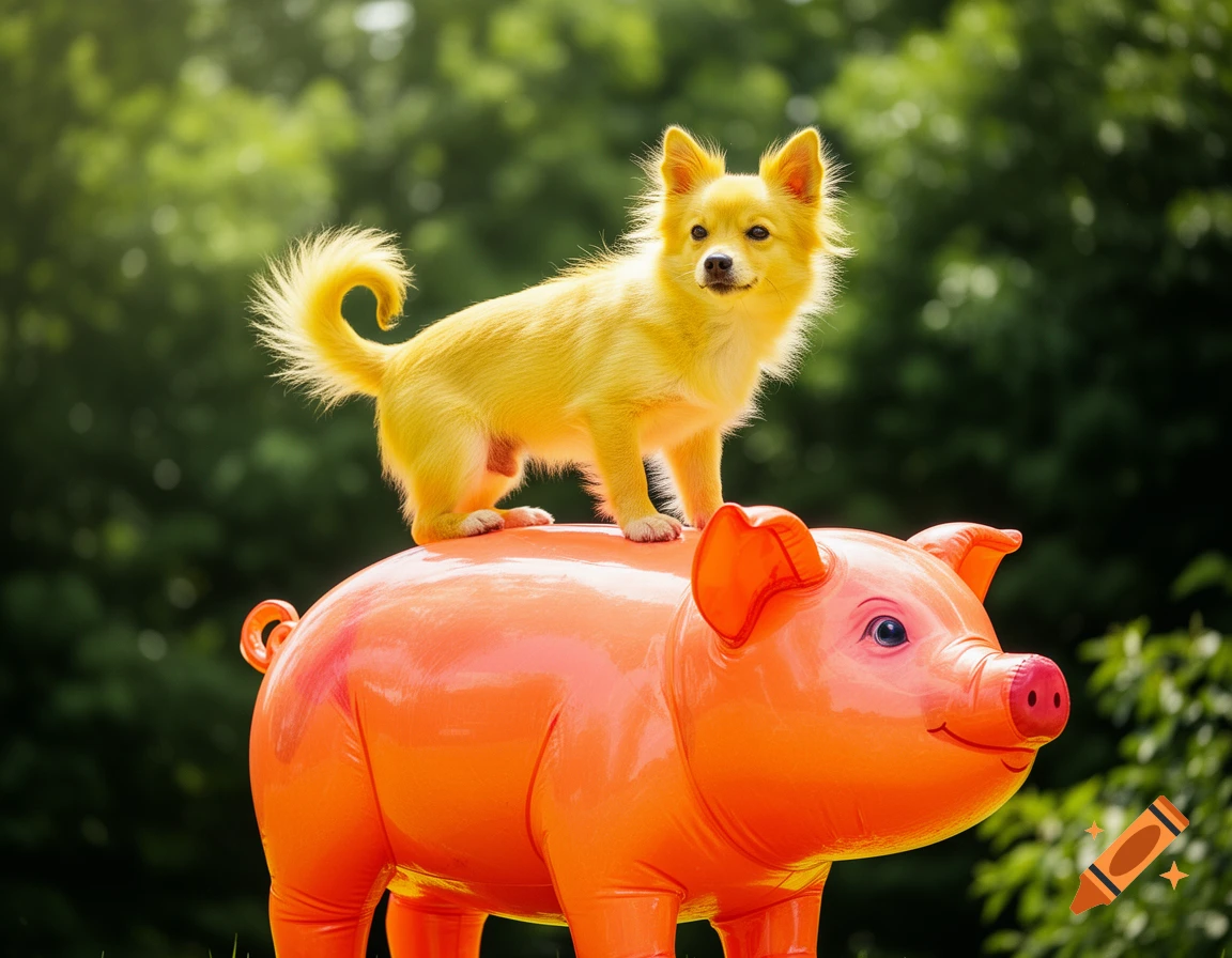 A fluffy yellow dog stands on top of a large, shiny orange inflatable pig with a green, blurry background.