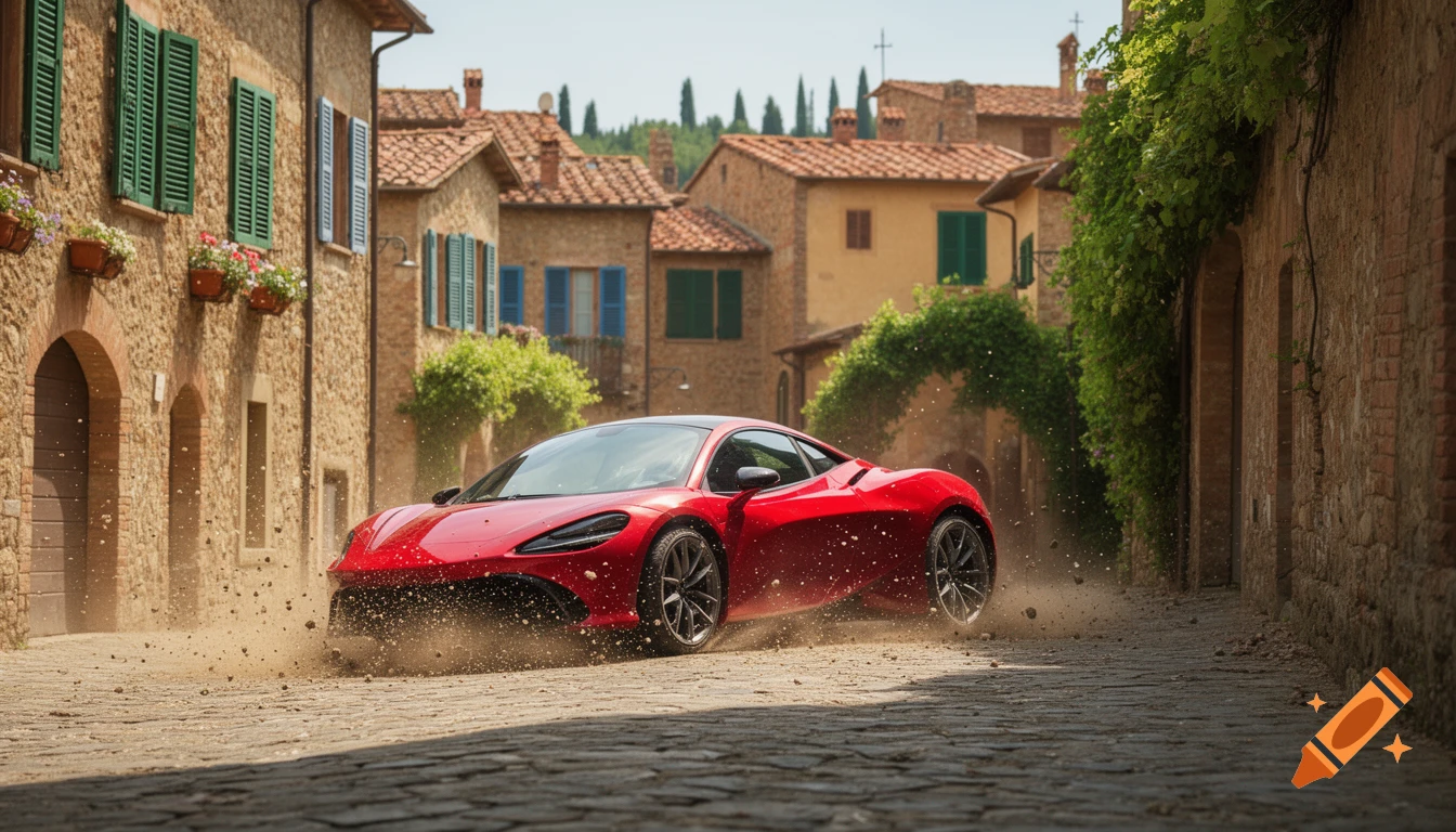 Red sports car drifts on a cobblestone street in a sunny Tuscan village with old stone buildings and green shutters.