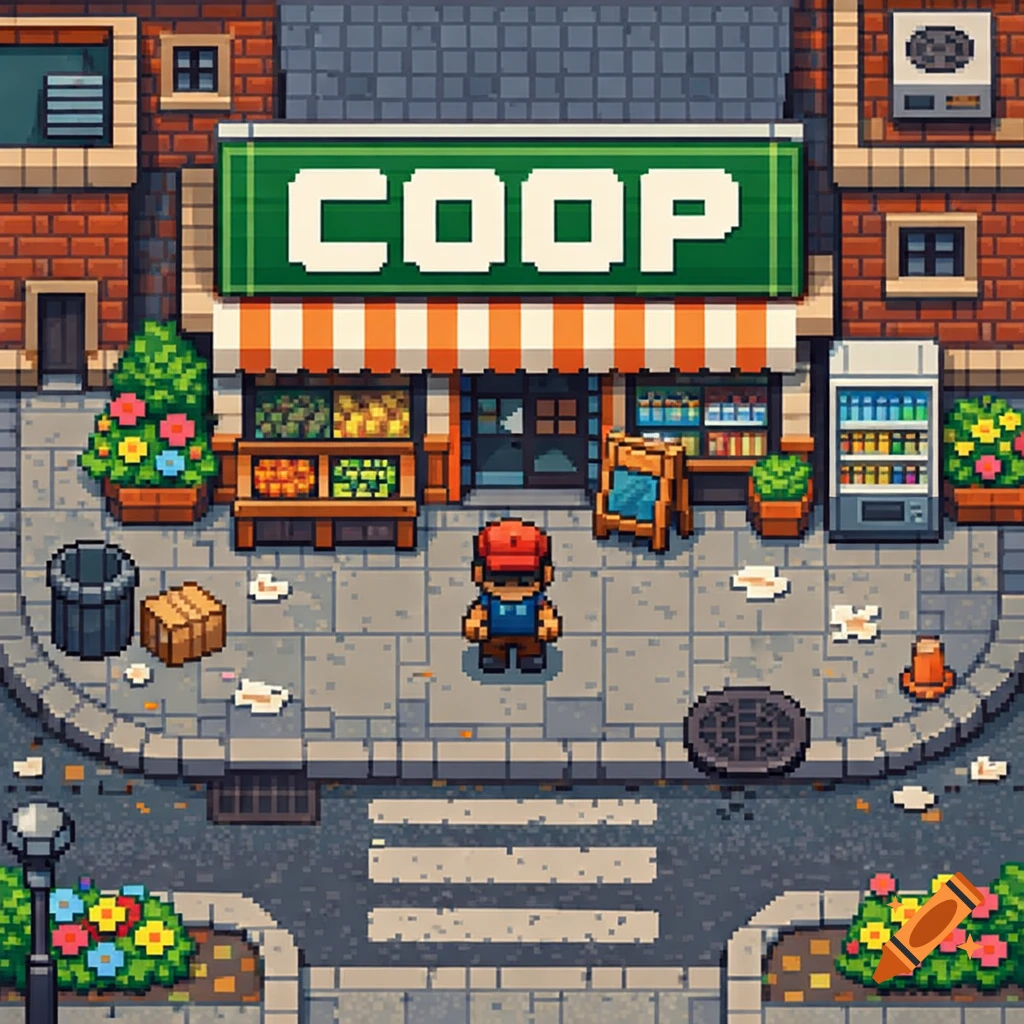 Top-down pixel art of a street with a 'COOP' shop, a person, trash can, and crosswalk.