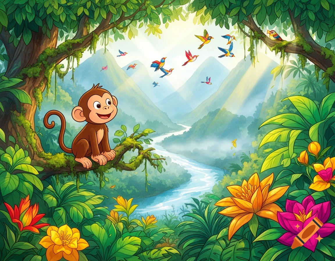 A happy cartoon monkey sits on a tree branch in a vibrant jungle with birds, flowers, distant mountains, and a river, in a storybook style.