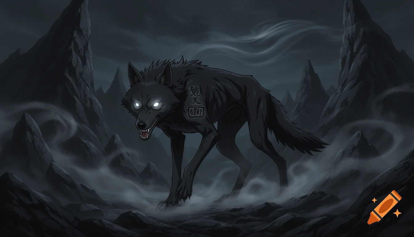 A dark fantasy anime-style black wolf with glowing eyes and stylized symbols on its side stands amidst misty, jagged mountains.