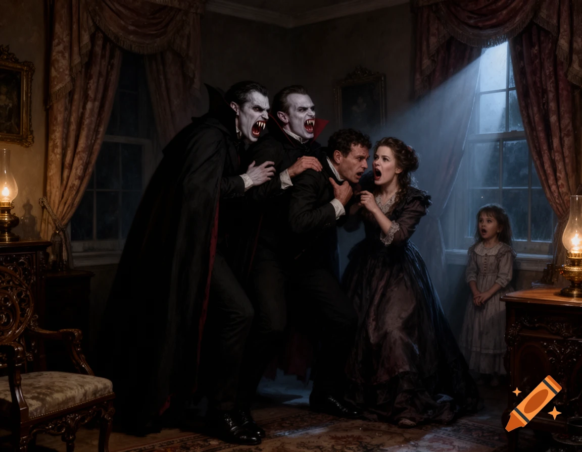 A photorealistic scene of two vampires attacking a screaming man and woman, with a scared little girl in an 1800s mansion.