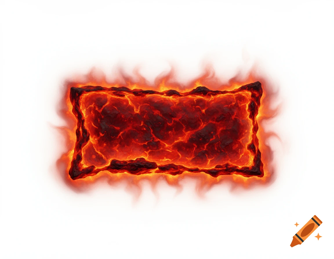 A rectangular block of glowing, red-orange lava with an irregular, fiery outline, on a white background.