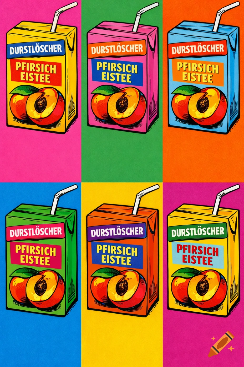 Six pop art style panels, each featuring a 'Durstlöscher Pfirsich Eistee' carton with a straw and two peaches, on vibrant backgrounds.