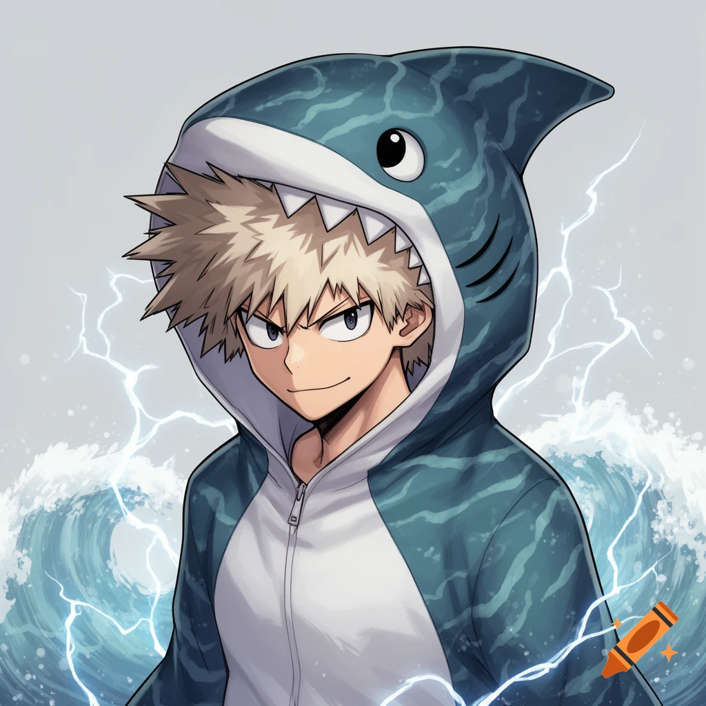 Anime illustration of Katsuki Bakugo in a blue shark onesie, with waves and lightning in the background.
