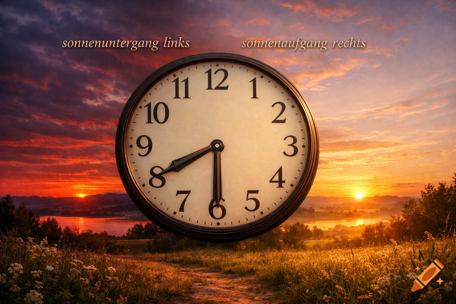 A large clock showing 7:30 superimposed on a vibrant landscape with sunset on the left and sunrise on the right, with German text.
