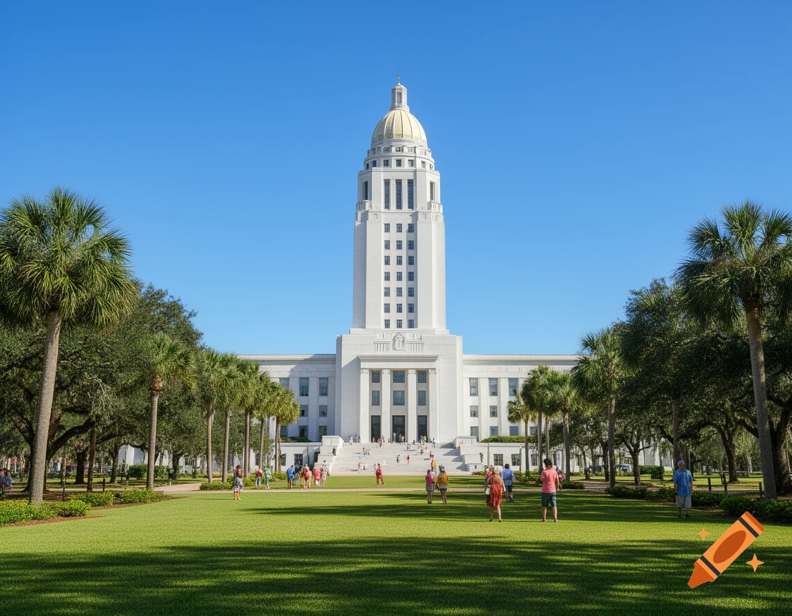 A grand white capitol building with a golden dome stands behind a lush green lawn, with people and palm trees under a clear blue sky.