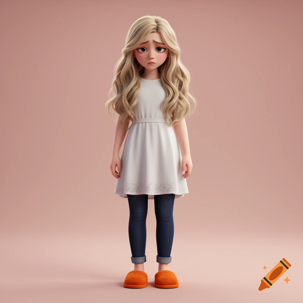 A sad 3D animated teenage girl with blonde wavy hair, wearing a white dress, navy jeans, and orange slippers, on a pink background.
