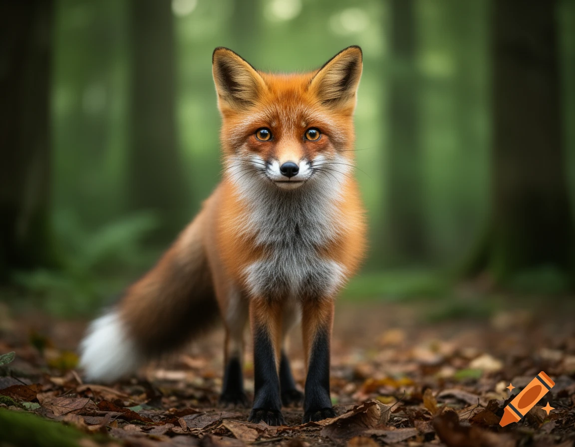 A cute, fluffy red fox stands in a forest on a bed of leaves, looking directly at the viewer. Photorealistic.