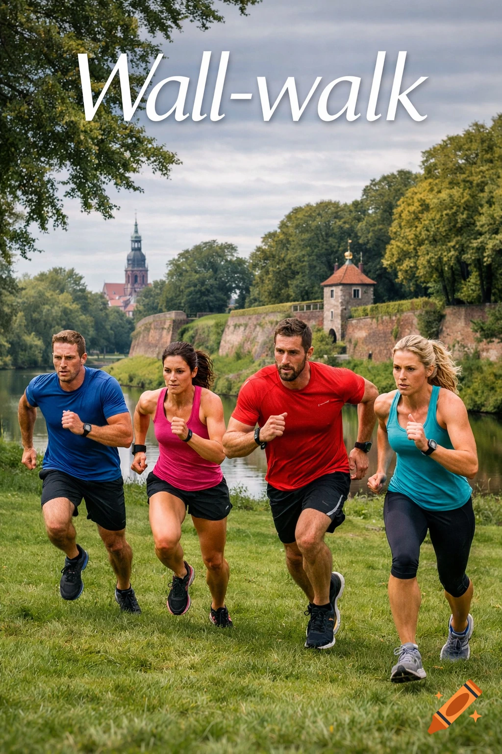 Four fit people running along a grassy bank beside a historic stone wall and river, with 'Wall-walk' text.