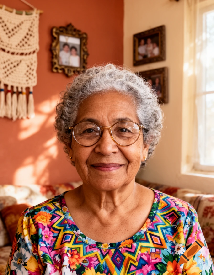 A smiling elderly Latina woman with gray curly hair and glasses, wearing a colorful floral shirt, sitting in a living room.