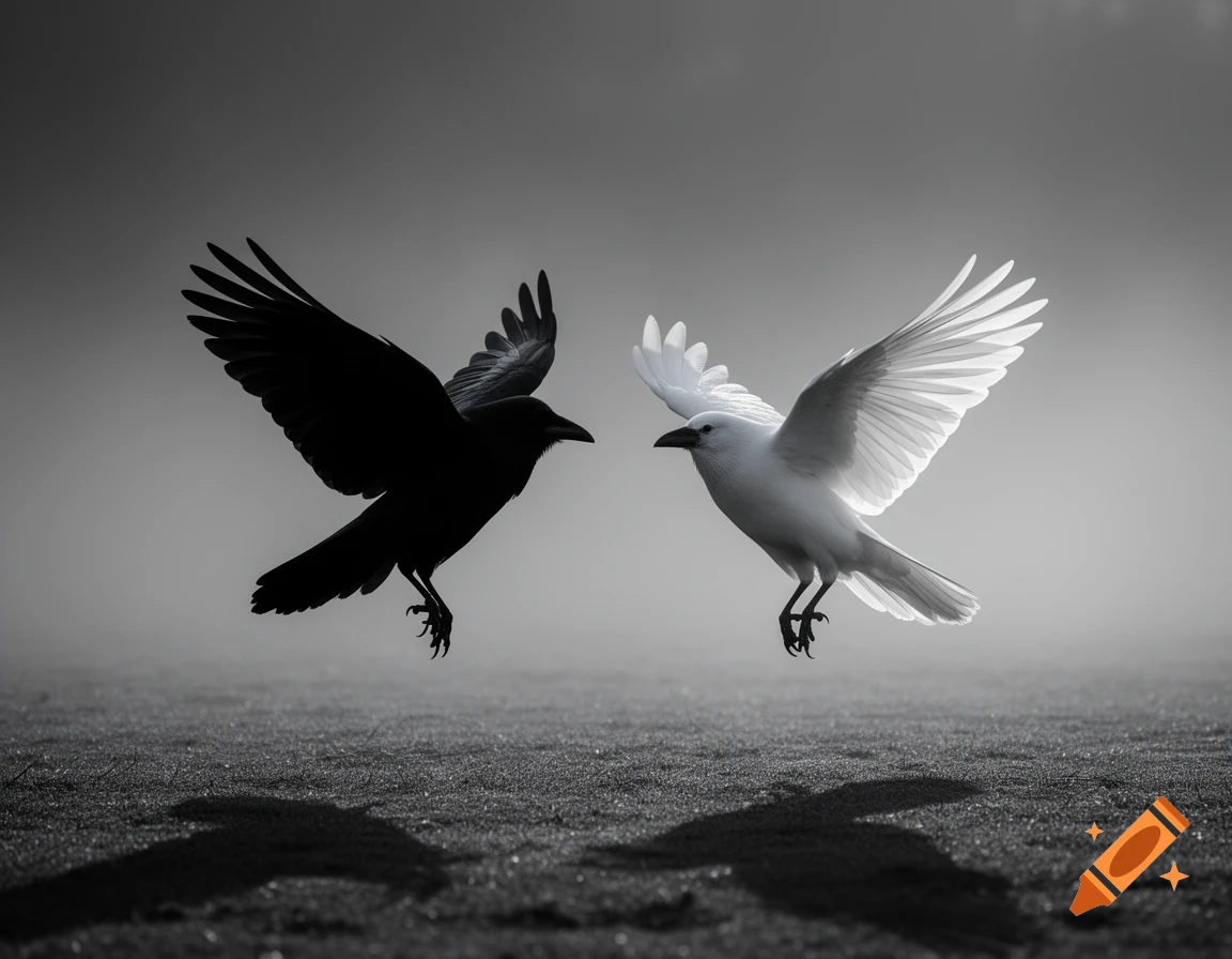 A black crow and a white crow fly towards each other over textured ground in a stark black and white photorealistic style.