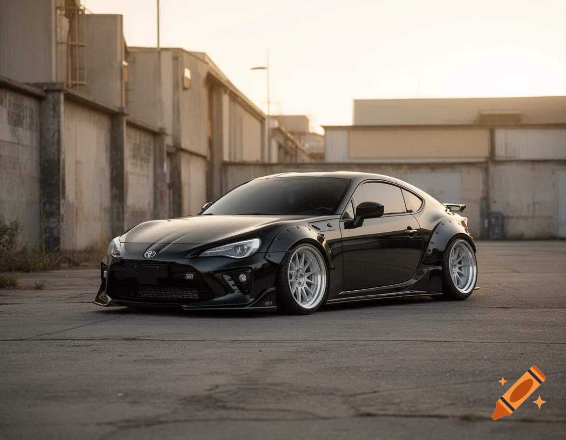 A black Toyota GR86 sports car with a widebody kit, silver wheels, and tinted windows, parked on asphalt with industrial buildings in the background.