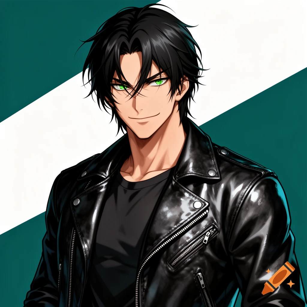 An anime-style muscular male character with black hair, bright green eyes, and a smirk, wearing a black leather jacket against a green and white background.