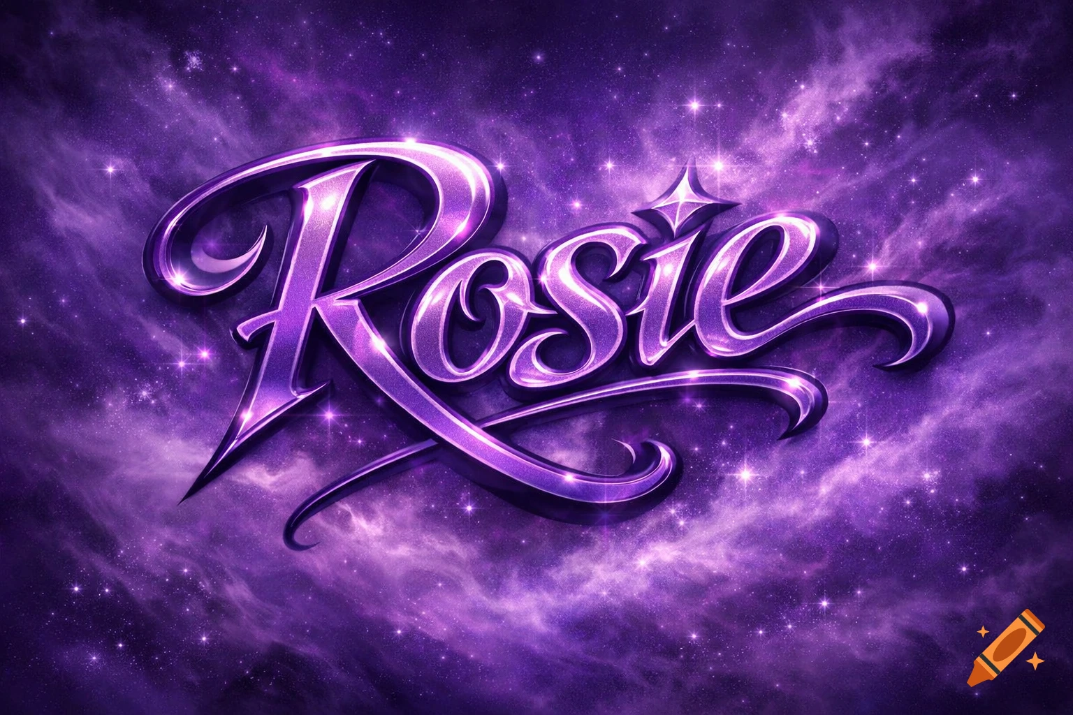 Shiny purple 3D stylized text spelling 'Rosie' against a starry purple nebula background.