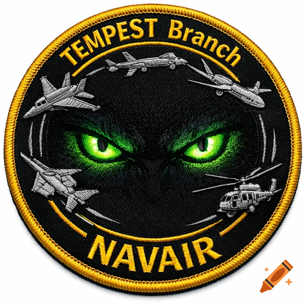 An embroidered military patch with glowing green cat eyes, "TEMPEST Branch" and "NAVAIR" text, and military aircraft.