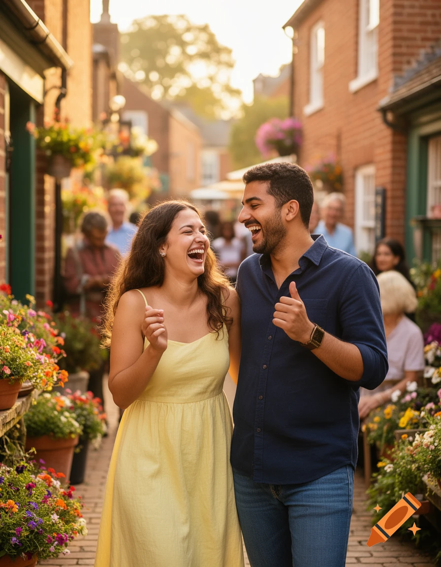 A happy couple laughing and walking down a flower-lined street in a sunlit town, looking at each other.