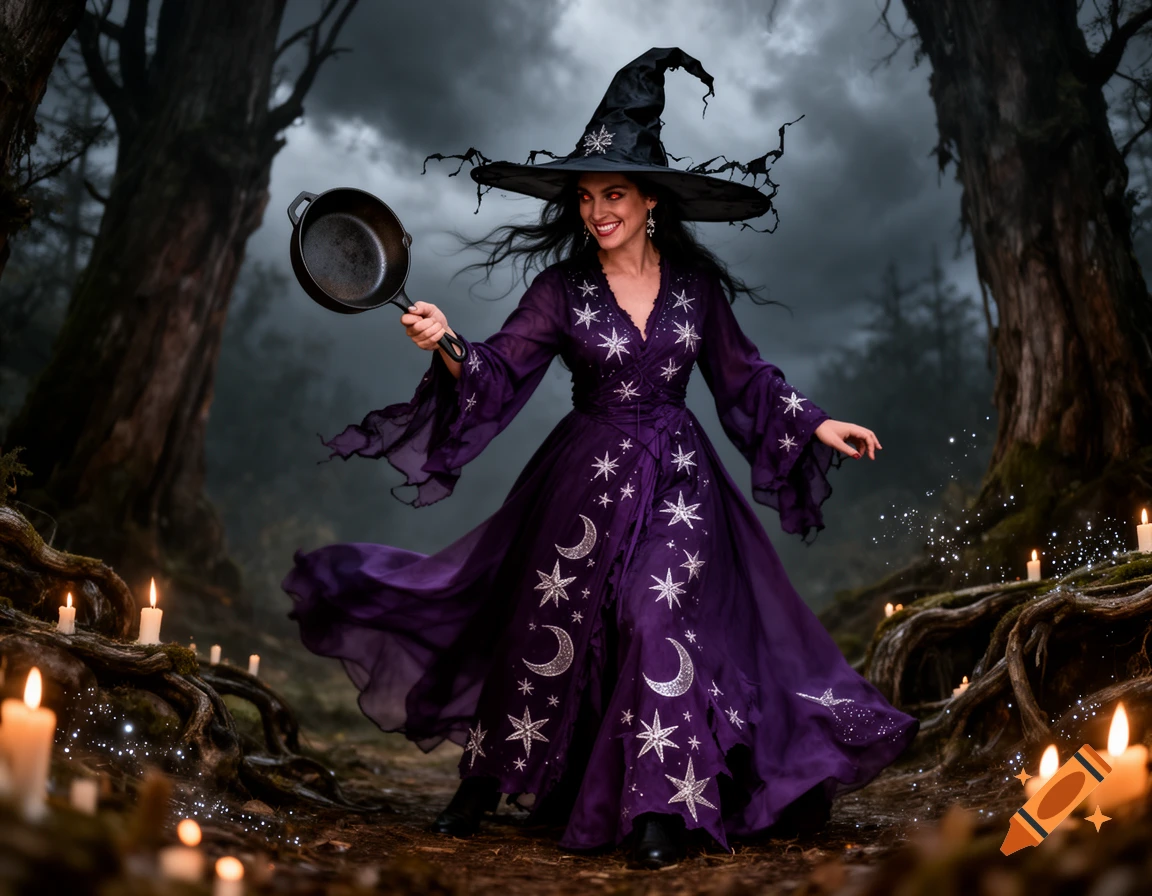 A smiling witch in a purple, star-and-moon-embroidered dress holds a cast-iron pan in a dark, candle-lit forest.