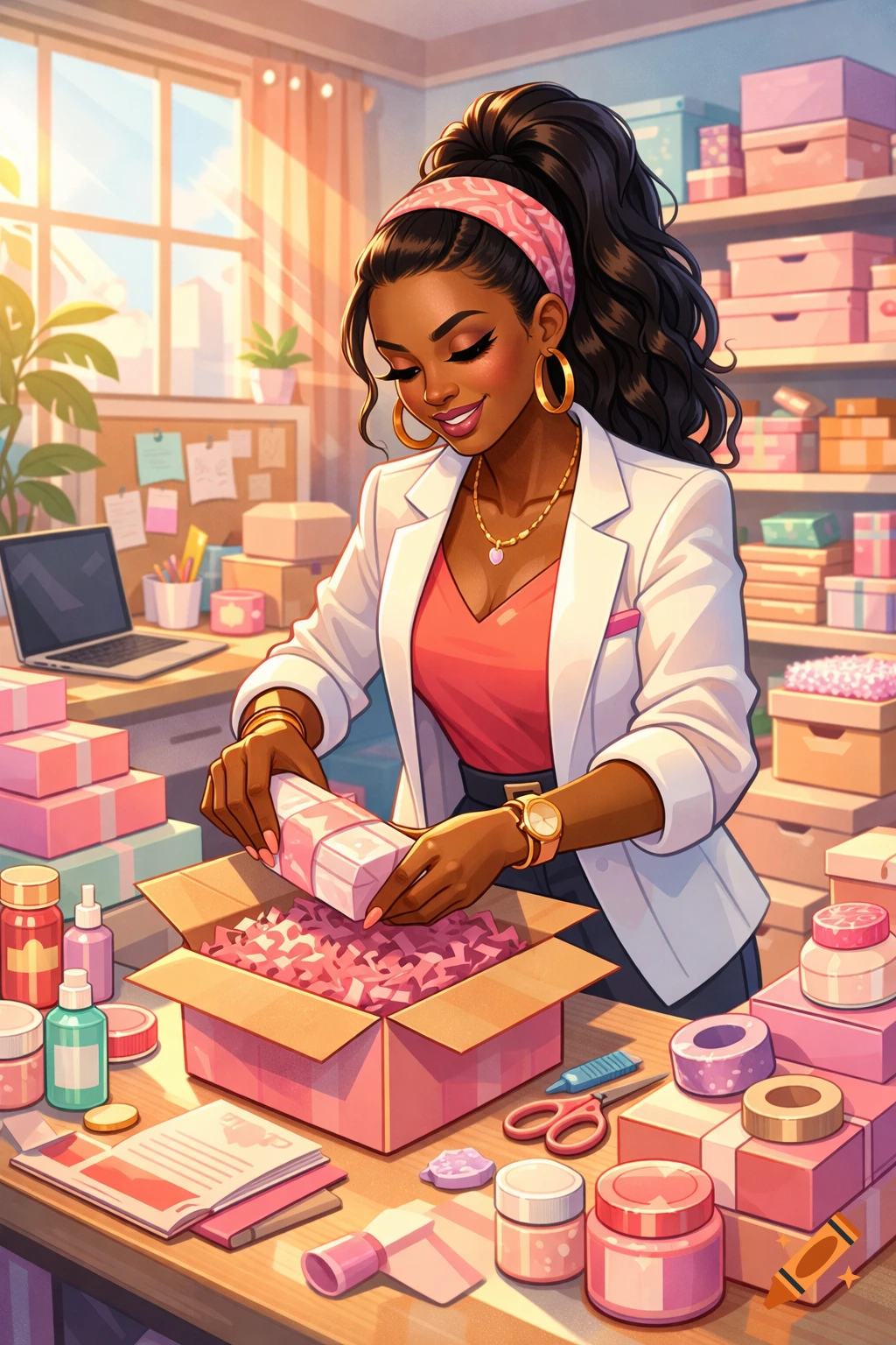 Smiling Black businesswoman in a cartoon style packaging a pink box in a pastel-themed office with bright sunlight.