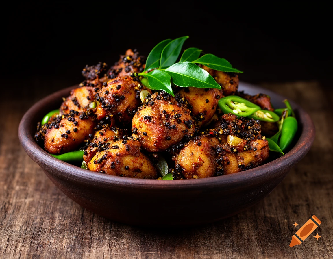 Close-up of Chicken Pepper Fry, coated in black pepper and spices, in a dark clay bowl with green chilies and curry leaves on a wooden surface.