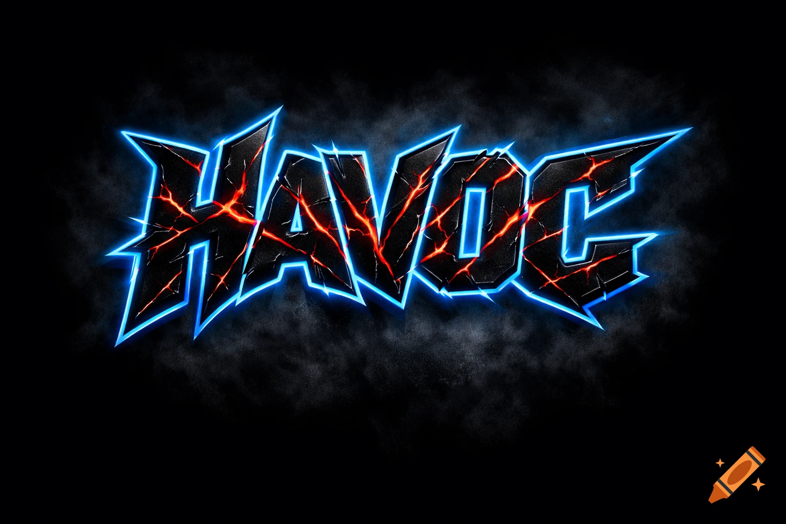 A stylized logo for "HAVOC" with cracked black letters, red glowing fissures, and an electric blue neon outline.
