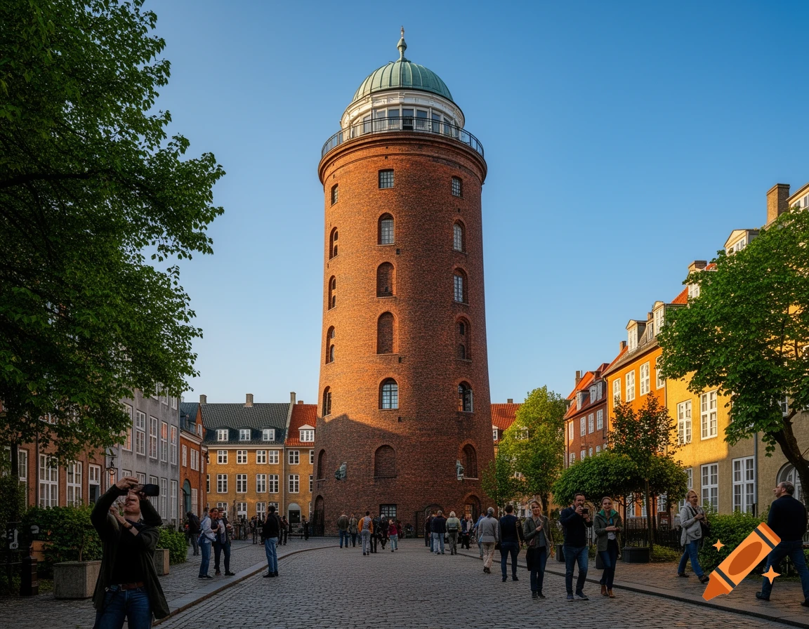 Photorealistic view of the Rundetårn, a large brick tower with a green domed roof, surrounded by people and historic buildings under a clear blue sky.