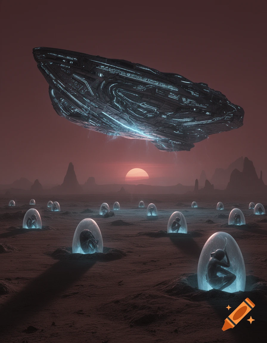 A large spaceship hovers over a barren, reddish alien landscape with many glowing egg-like cocoons, under a sunset sky.