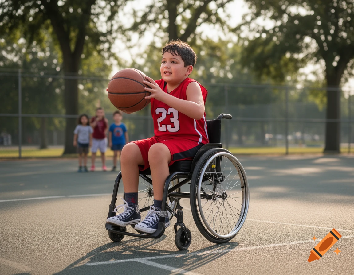 A young boy in a red basketball jersey, seated in a wheelchair, holds a basketball on an outdoor court.