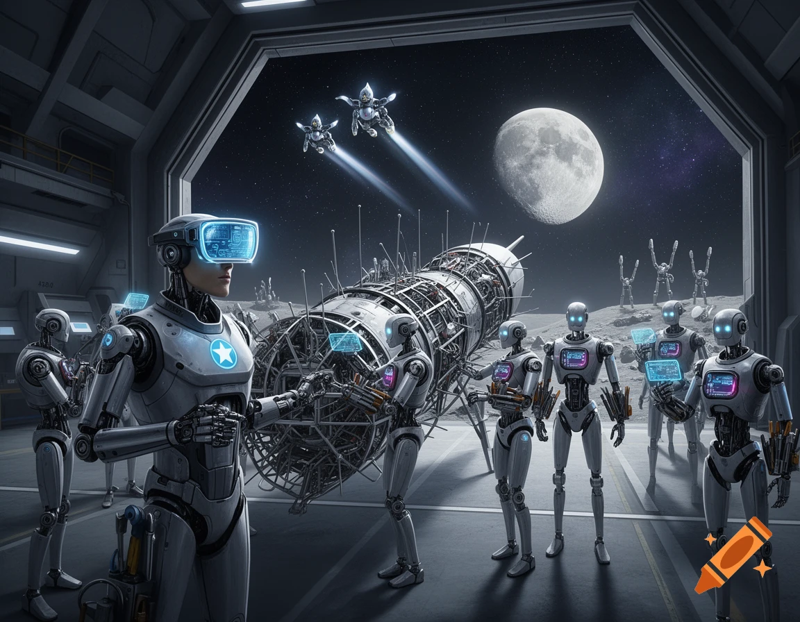 Futuristic robots in a space station assemble a rocket, with the moon ...