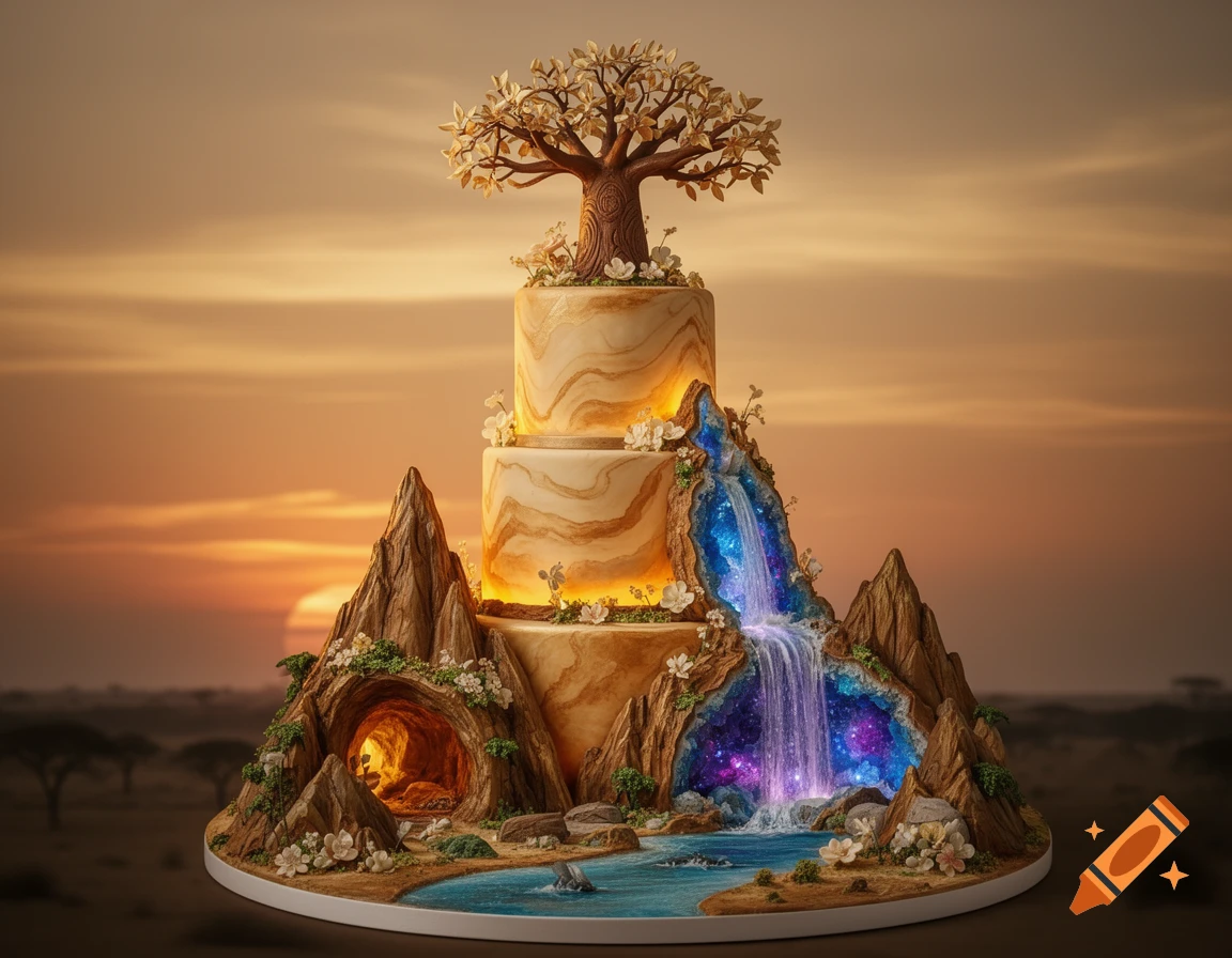 A stunning three-tiered cake with a baobab tree, geode waterfall, and cave, set against a golden hour sunset.