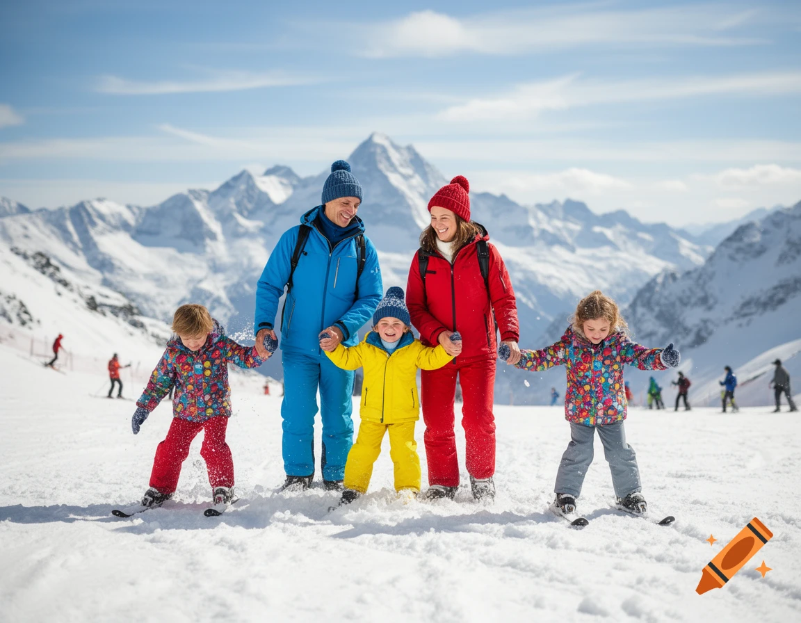 A family of five, including two adults and three children, skiing on a bright, snowy mountain slope with majestic peaks in the background.