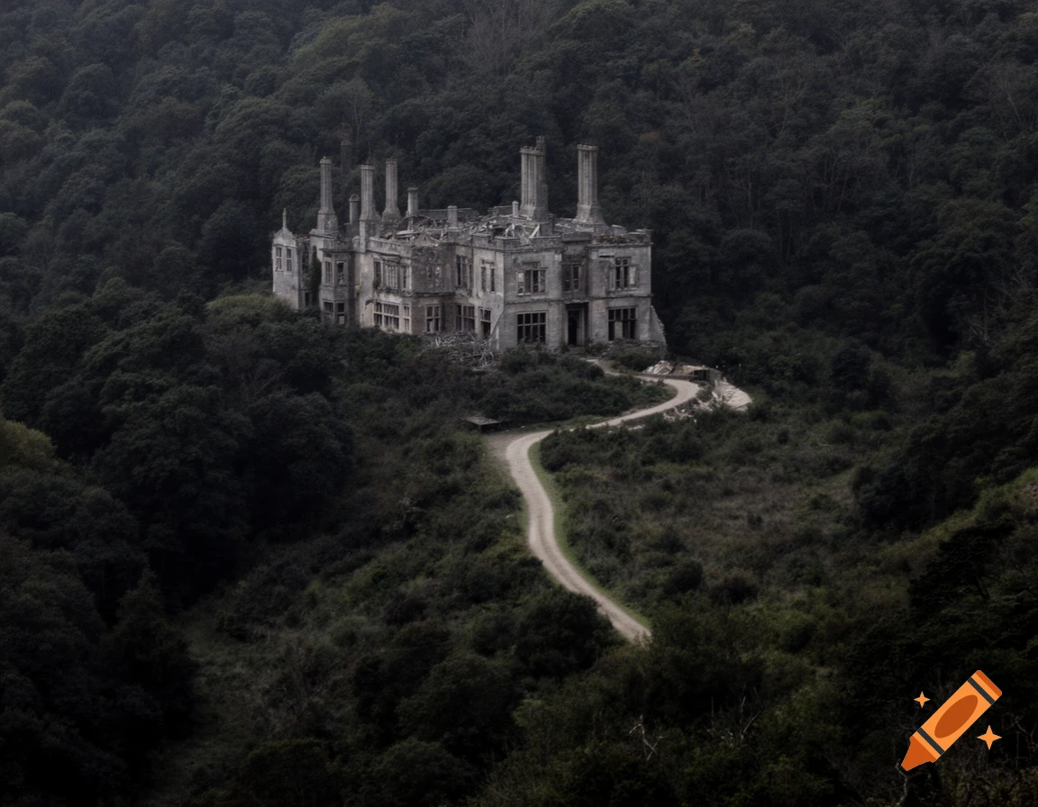A ruined, gothic manor house stands atop a dark, wooded hill, with a winding dirt road leading up to it.