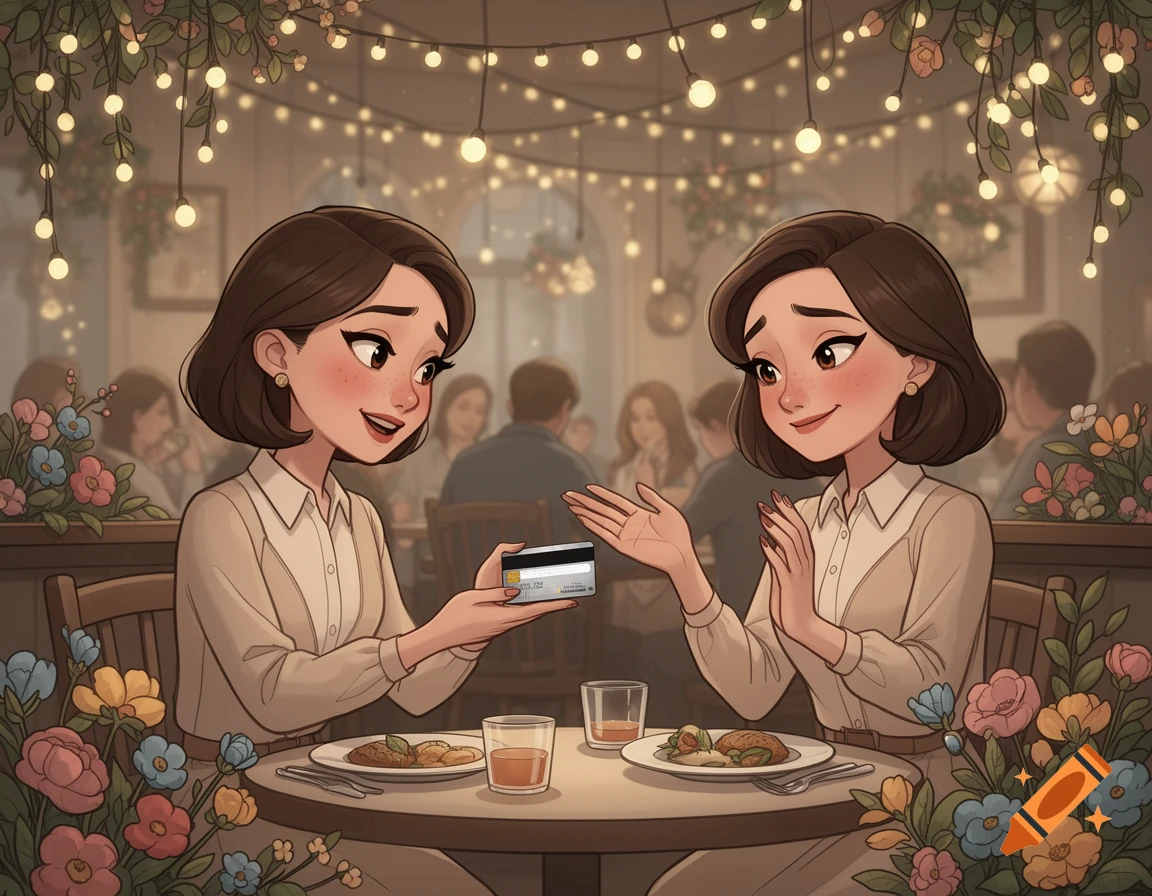 A cartoon depicts two women at a restaurant table. One offers a credit card, which the other politely declines with a hand gesture. The restaurant is dimly lit with string lights and decorated with flowers.