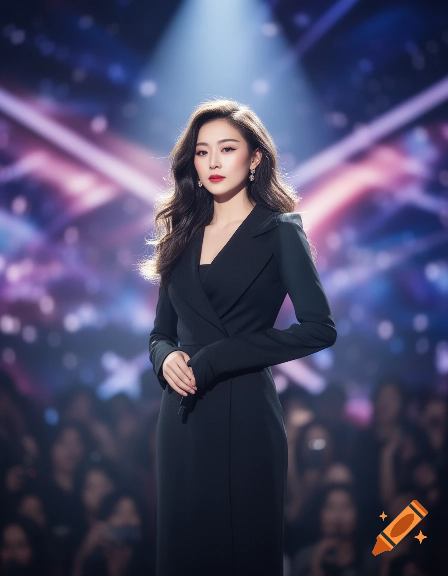 A glamorous woman with long wavy hair in a black dress stands on a spotlighted stage with a blurred audience.