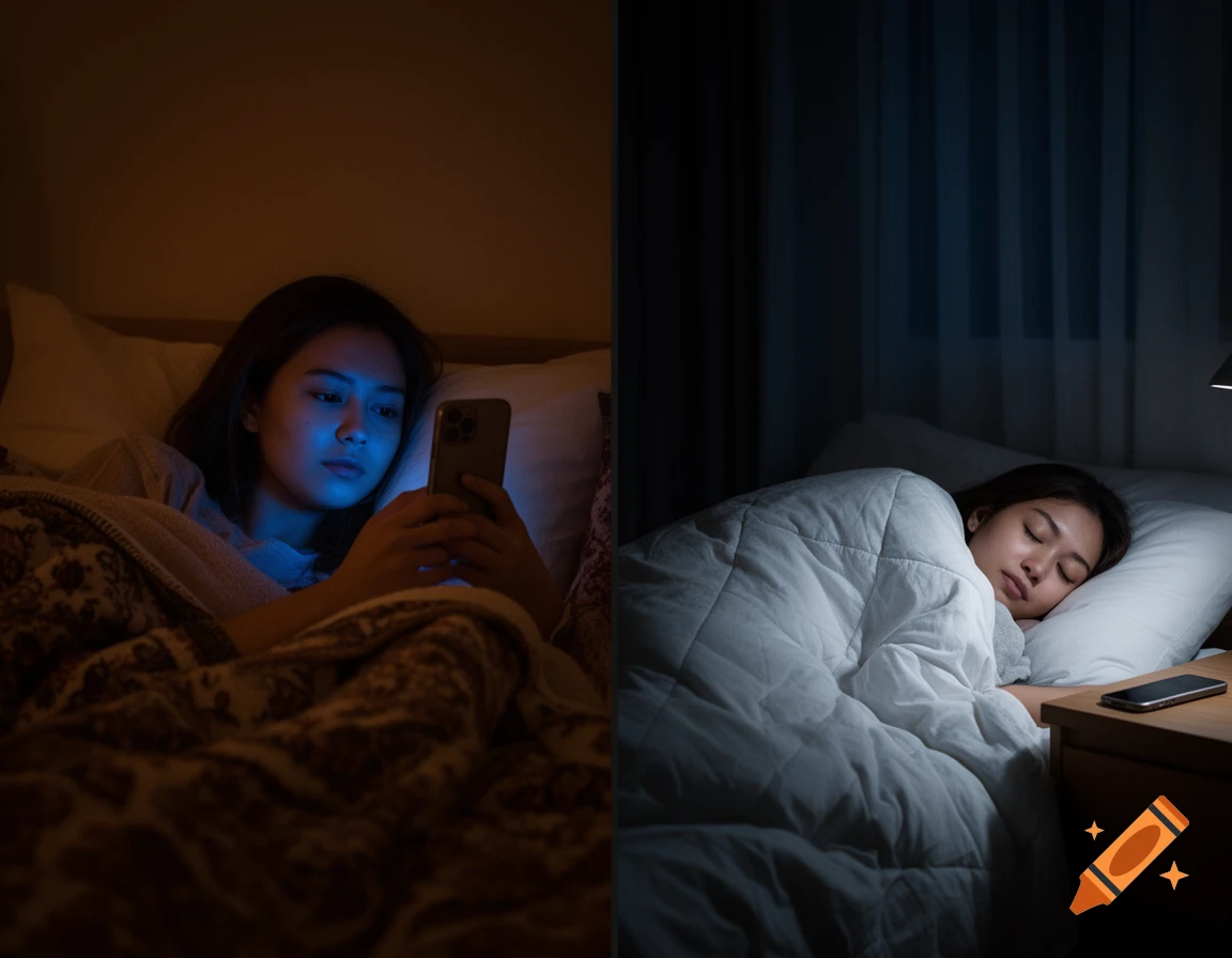 A woman in a split image: on the left, she is looking at her phone in bed at night; on the right, she is sleeping peacefully.