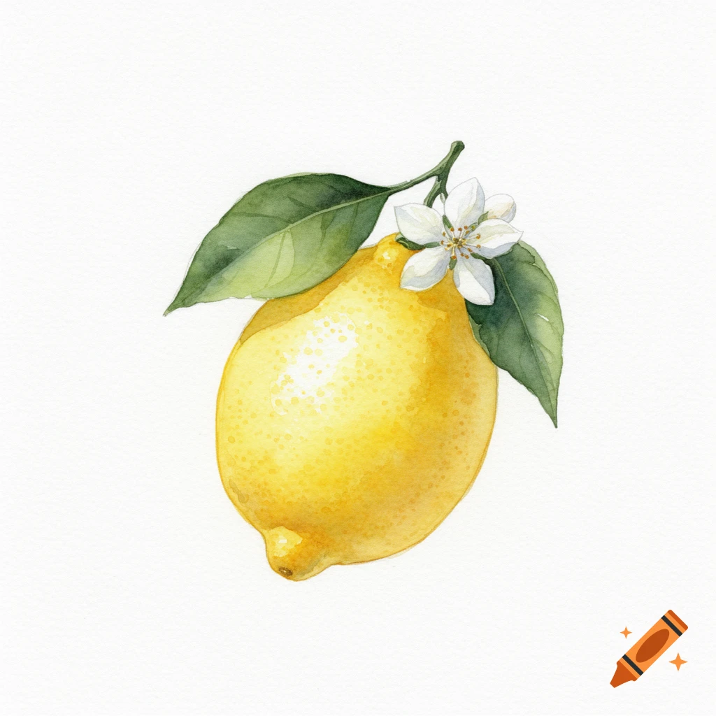 Watercolor illustration of a bright yellow lemon with green leaves and a white blossom on a white background.