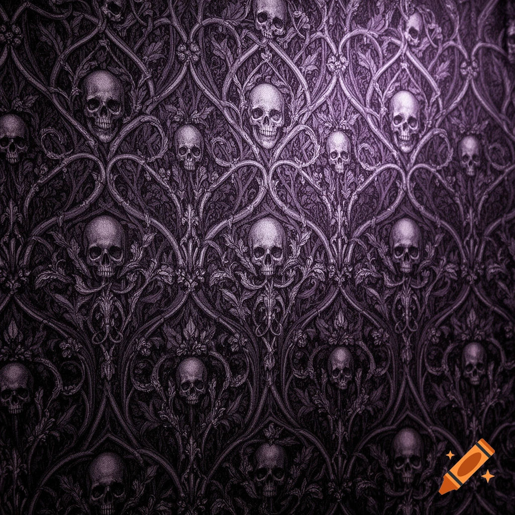 Dark purple and black gothic wallpaper with repeating patterns of ornate foliage and stylized skulls.