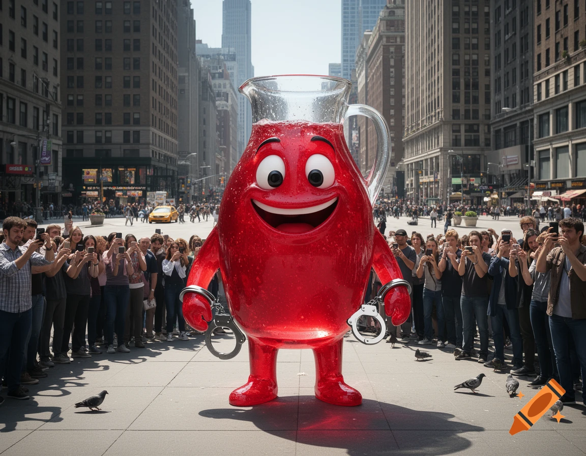 Photorealistic image of the Kool-Aid Man mascot in handcuffs, standing in a busy city street surrounded by people taking photos.