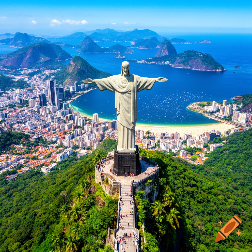Aerial view of Christ the Redeemer statue overlooking Rio de Janeiro cityscape and Guanabara Bay on a sunny day.