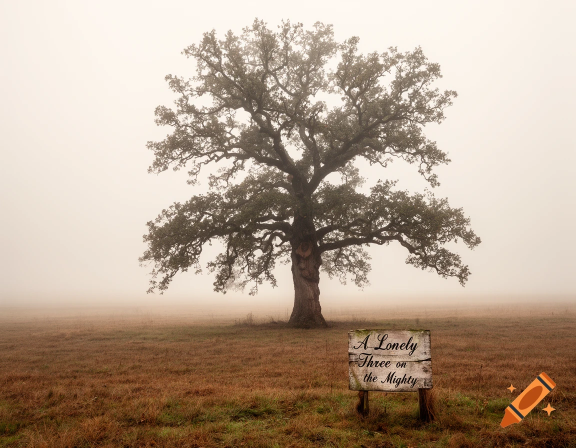 A solitary large oak tree stands in a misty, dry field with a wooden sign reading 'A Lonely Three on the Mighty'.